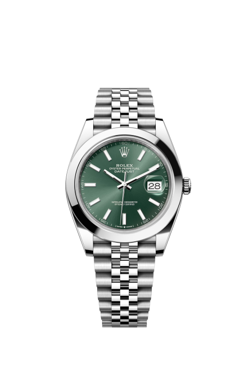 ROLEX 41mm 126300-0020 Datejust 41 mint green dial and a Jubilee bracelet.